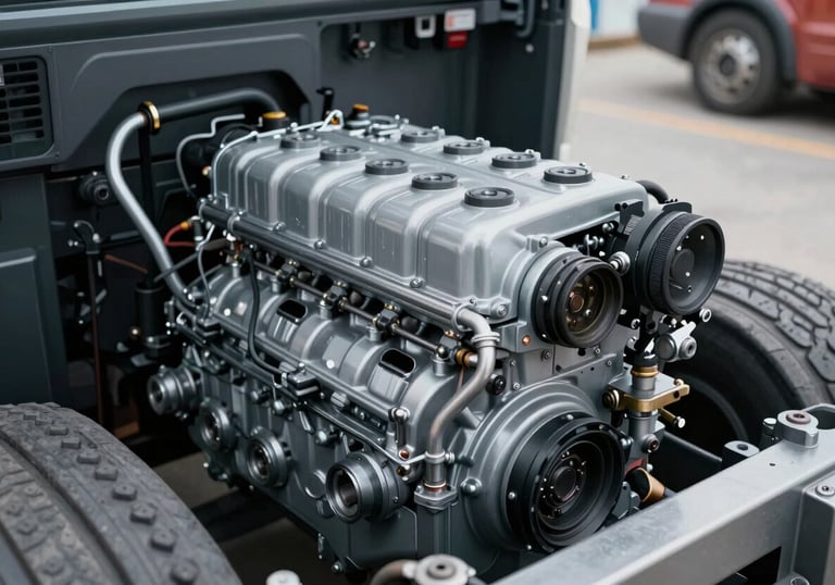 A heavy-duty truck engine undergoing a professional diagnostic check. Sharp focus on mechanical parts, clean and reliable aesthetic using #405D7C and #F8F9FA metallic tones.