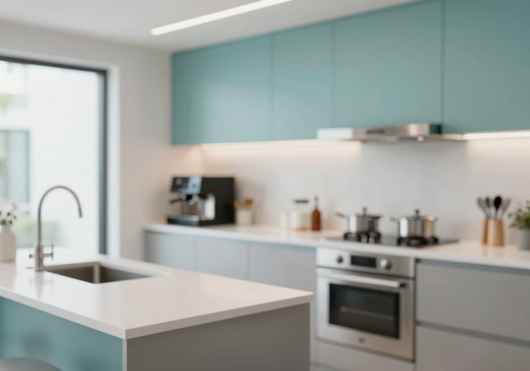A modern, well-equipped communal kitchen with clean countertops and stainless steel appliances. A small coffee station is visible. Lighting is bright and clean. Incorporates brand colors #A7C2C3 and #F5F8F7.