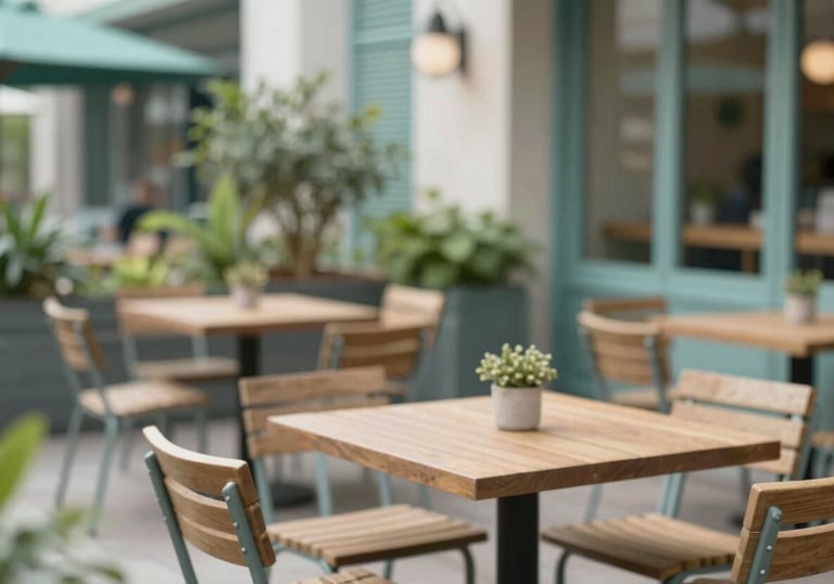 An open-air terrace area with stylish wooden tables and chairs. Potted plants add a touch of nature. The lighting is soft and daylight-filled. Brand palette #A7C2C3 and #5D7F8E visible in the decor.