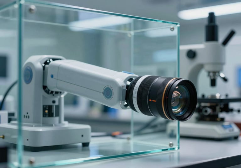 Abstract photography of light refraction on glass, symbolizing high-speed AI and automation technology in a clean Southeast Asian / Indonesian tech lab.