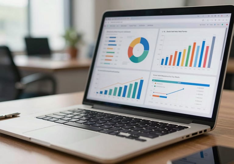 A close-up of a professional desk in a modern Southeast Asian / Indonesian office showing a laptop screen with colorful marketing analytics and growth charts.