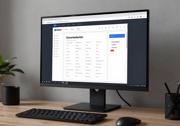 A minimalist, high-tech workspace in a Southeast Asian / Indonesian setting with a focus on a large high-resolution monitor displaying a modern web interface.