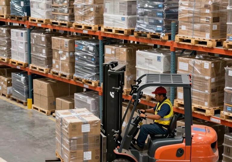 A modern, well-organized logistics warehouse in Lima, Peru, bathed in bright, even light, showcasing rows of neatly stacked pallets and various sized packages. In the foreground, a professional Peruvian logistics worker in a uniform is efficiently operating a forklift, carefully transporting a pallet. The composition is clean and dynamic, emphasizing order and operational excellence. High-quality photographic style, conveying reliability and efficiency in a South American logistics context.