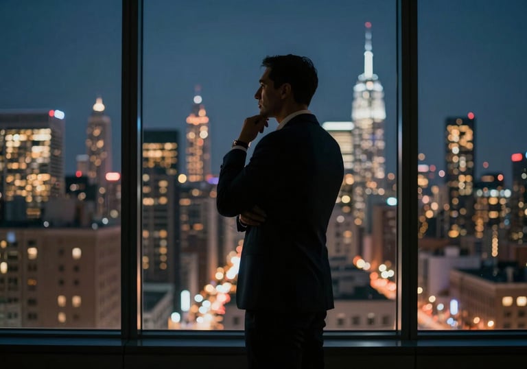 The silhouette of a professional standing before a large window overlooking a North American city skyline at night, signifying deep thought and strategic planning.