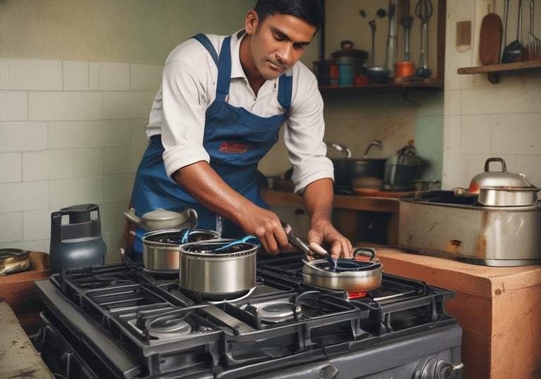 Technician repairing a gas stove burner in a modern Indian kitchen.