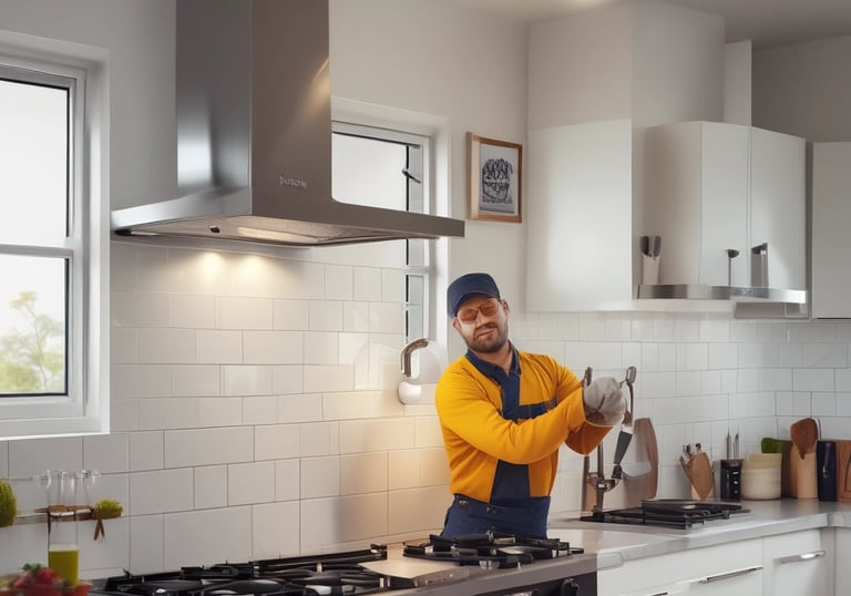 Skilled technician cleaning a kitchen chimney filter inside a cozy Indian home.