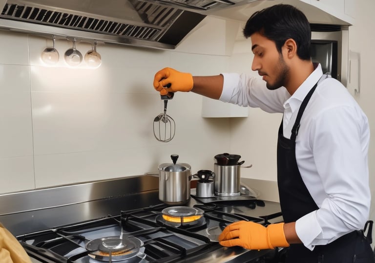 Professional repairing a gas stove ignition system with tools at a customer's house.