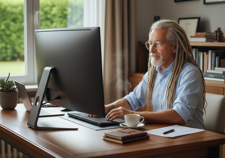 Portrait d'Erik Lambrecht, expert en vitalité, travaillant sur un ordinateur dans son bureau ensolei
