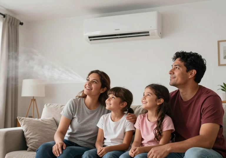A happy Latin American / Spanish family in a cool, comfortable living room, enjoying the breeze from an air conditioner. Bright and airy atmosphere.