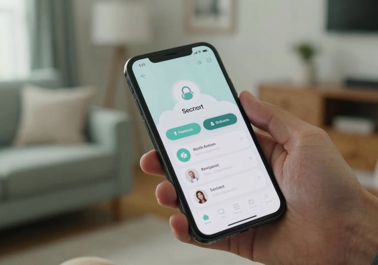 A close-up photo of a person's hand using a smartphone in a North American / US (Southeast) living room decorated in Soft Sage and Light Mist. The phone screen shows a secure app.