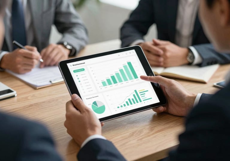 A professional North American business meeting where a tablet is being used to present a sophisticated mobile application dashboard with mint green charts.