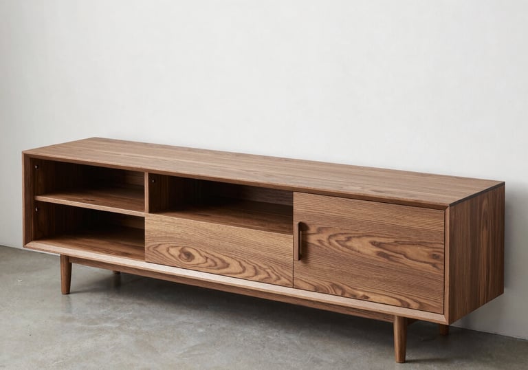 A sleek wooden TV stand with integrated storage, placed in a modern living room.