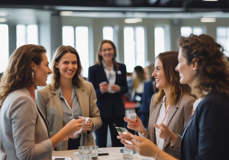Women networking and exchanging ideas during a vibrant conference event.