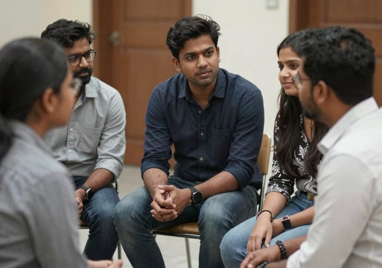 A friendly instructor guiding a small group in a lively English conversation session.