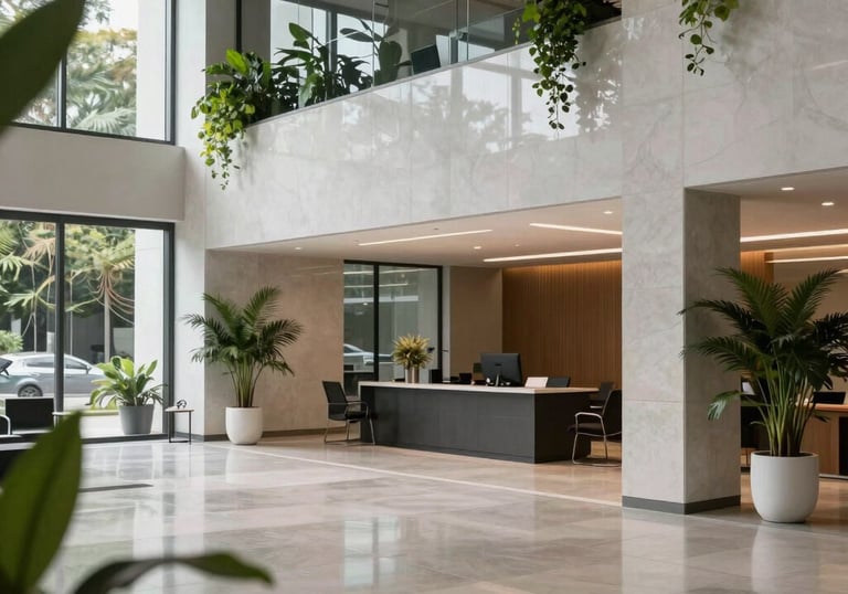 A minimalist corporate lobby in a Brazilian business center with green plants and modern lighting, reflecting a professional and growth-oriented atmosphere.