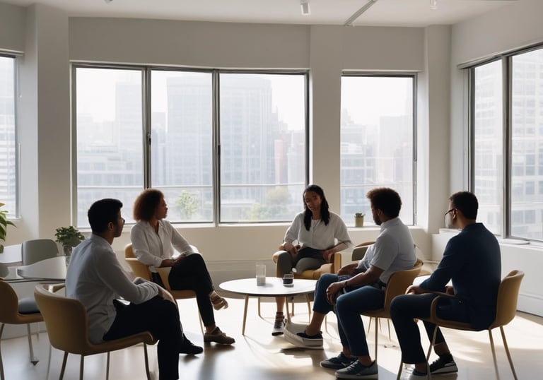 A coach facilitating a session with a small group in a bright office space.