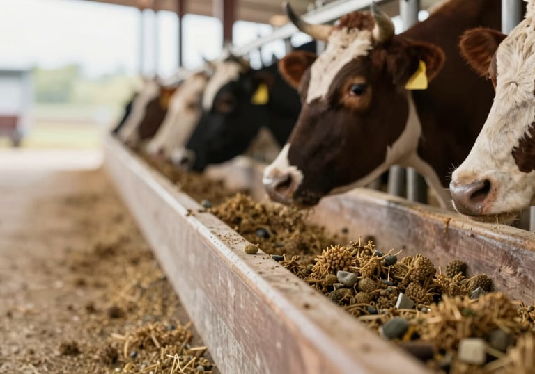 Close-up of cattle feed in a wooden trough, showcasing high-quality nutrition. Soft lighting, professional focus. Earthy tones #3F322B and light background #F8F3EC create a clean agricultural look.