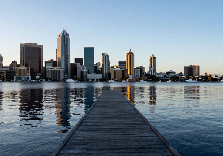 A serene and modern International / Australasian city harbor at sunrise, symbolizing new opportunities and a clear path forward. Features Slate Steel Blue and Soft Sky Blue water reflections.