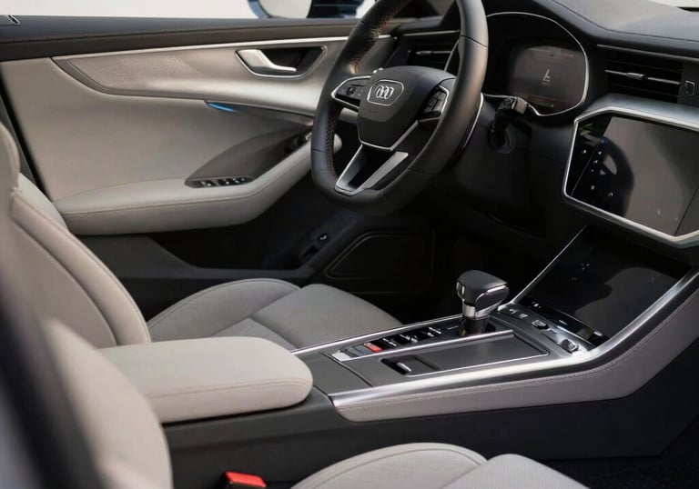 Clean and modern car interior with leather seating and high-tech dashboard, luxury feel, Central European car design, soft natural lighting.