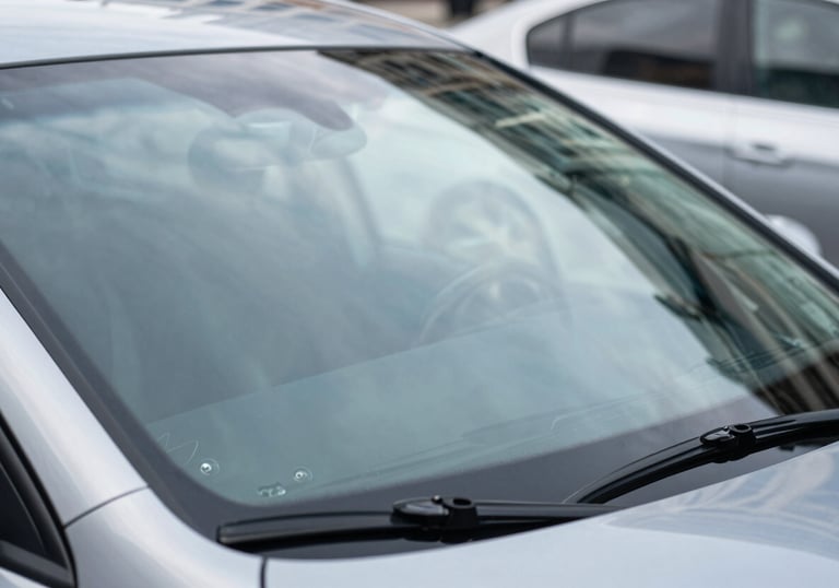 A close-up of a perfectly installed, clear windshield on a modern car, reflecting a bright North American / US city environment. The image uses steel blue and pale mist grey colors to convey quality and clarity.
