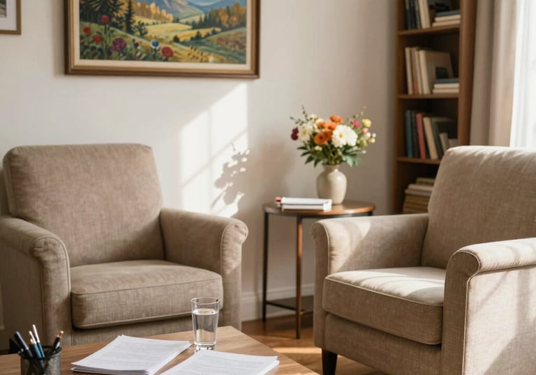 A calm therapy room with soft lighting and comfortable chairs.