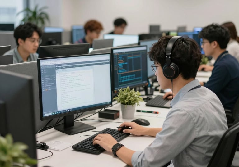 A developer working on AI code with futuristic data visualizations on screen.