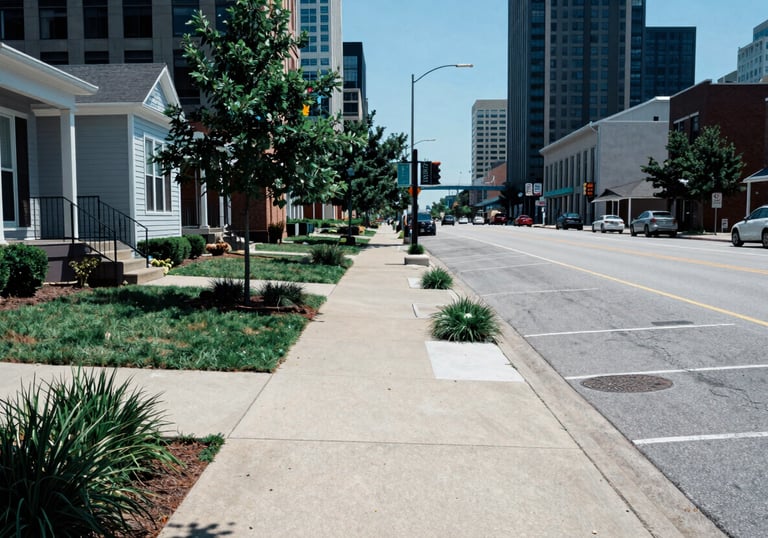 A bright daytime view of a North American / US city street in Detroit, featuring clean sidewalks and well-maintained property landscaping in a medium blue tone.