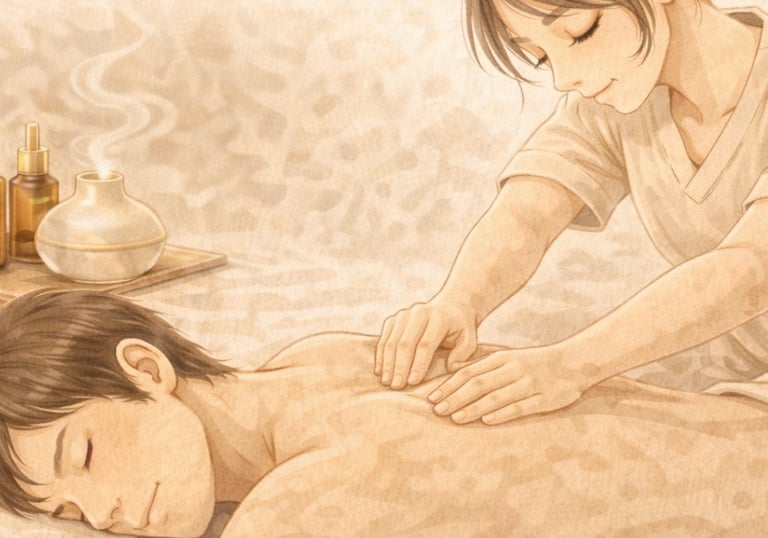 Masaje relajante en spa oriental con terapeuta y aceites en tonos arena.