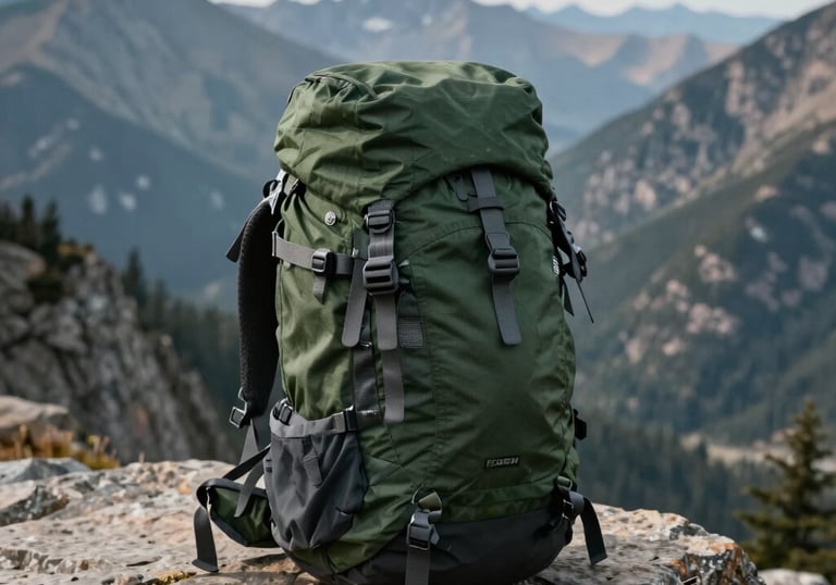 A rugged, dark green outdoor backpack leaning against a mountain rock ledge, vast mountain peaks in the distance, North American landscape. No people.