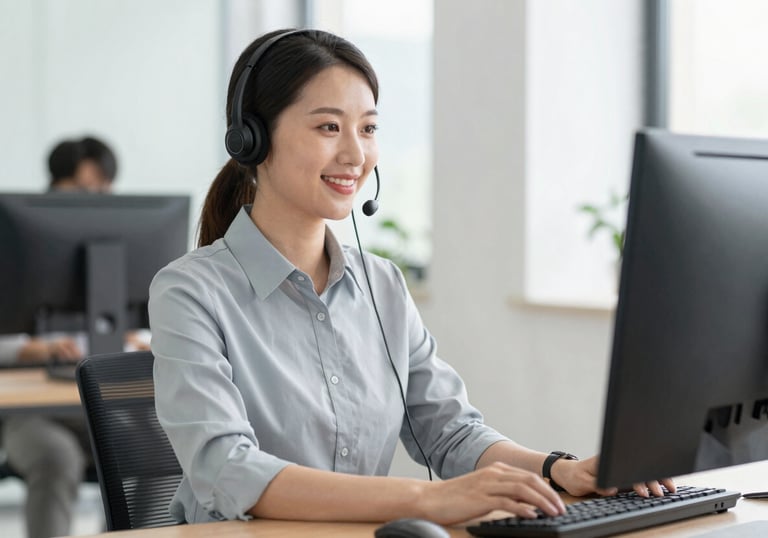 A professional customer service person with a headset, smiling at a computer screen in a bright, modern office workspace. Colors: #E7D9C7 and #4A2D2A.