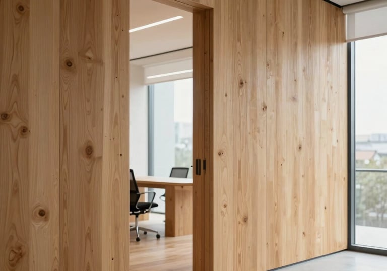 Interior view of a modern office space built with exposed CLT walls, highlighting the warm Natural Oak texture and minimalist design, soft natural lighting through large windows.