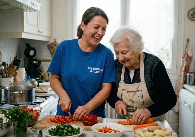 Préparation conviviale d'un repas par une intervenante de l'association Aide à Domicile du Cœur et une dame âgée