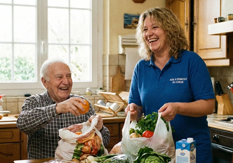 Aide à domicile professionnelle rangeant les courses alimentaires avec un senior dans sa cuisine