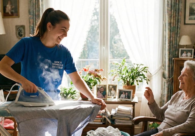 Auxiliaire de vie de l'association Aide à Domicile du Cœur réalisant du repassage chez une bénéficiaire