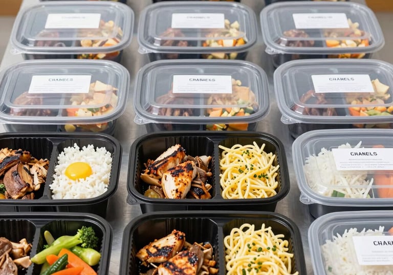 An overhead shot of a weekly meal plan layout featuring diverse dishes arranged neatly on a table.
