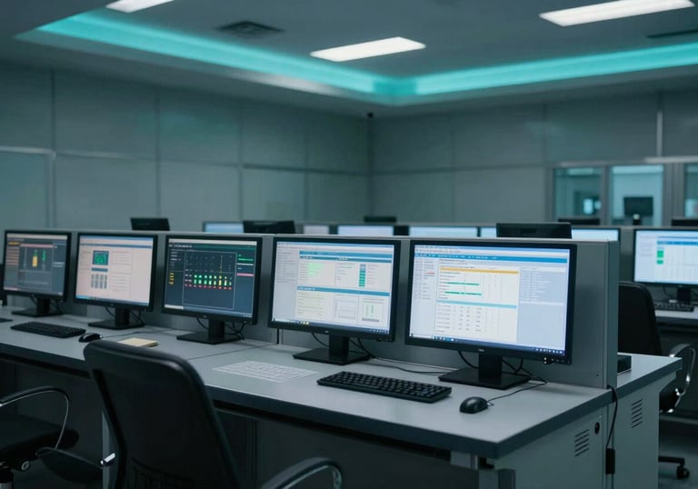 A modern industrial control room with monitors displaying data analytics in a North American / Mexican facility, teal and dark blue ambient lighting.