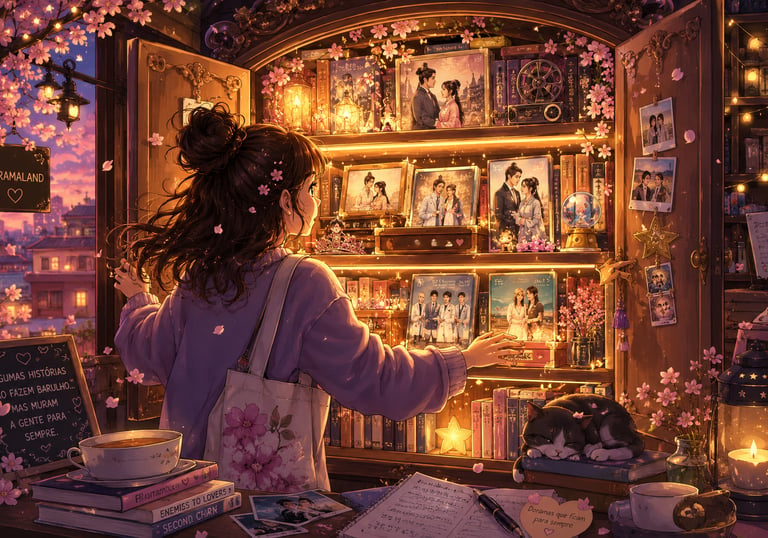 Cozy anime girl looking at a glowing shelf of K-drama photos and cherry blossoms at dusk.