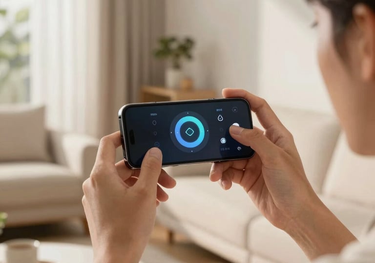 A person using a smartphone to control smart home features in a contemporary North American living room with warm morning light and off-white textures.
