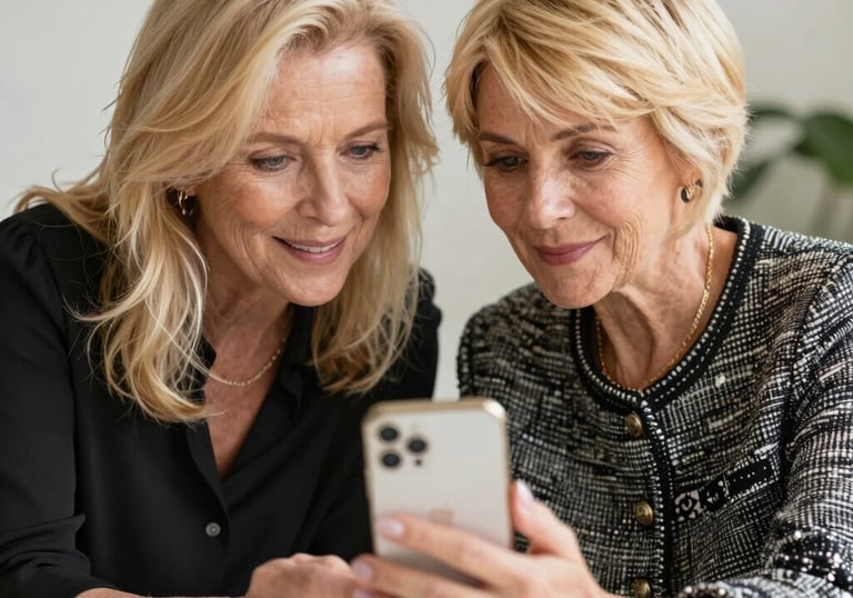 Senhora aprendendo a usar seu celular com a professora