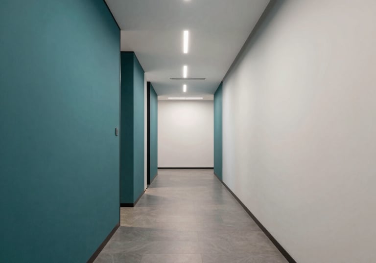 A minimalist, modern corporate corridor in a North American / US office with high-quality materials and professional lighting in teal and off-white.