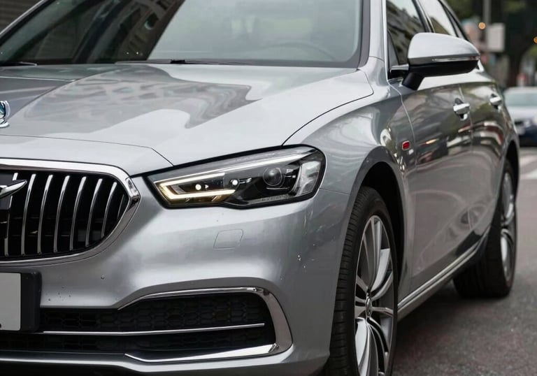 Detail of a professional luxury sedan in a clean Mexican urban setting, emphasizing safety and sophisticated design.