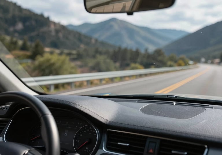 A close-up of a car's dashboard and a perfectly clear, newly installed windshield, showing a sharp, vibrant view of a North American mountain road. Sophisticated and high-quality.