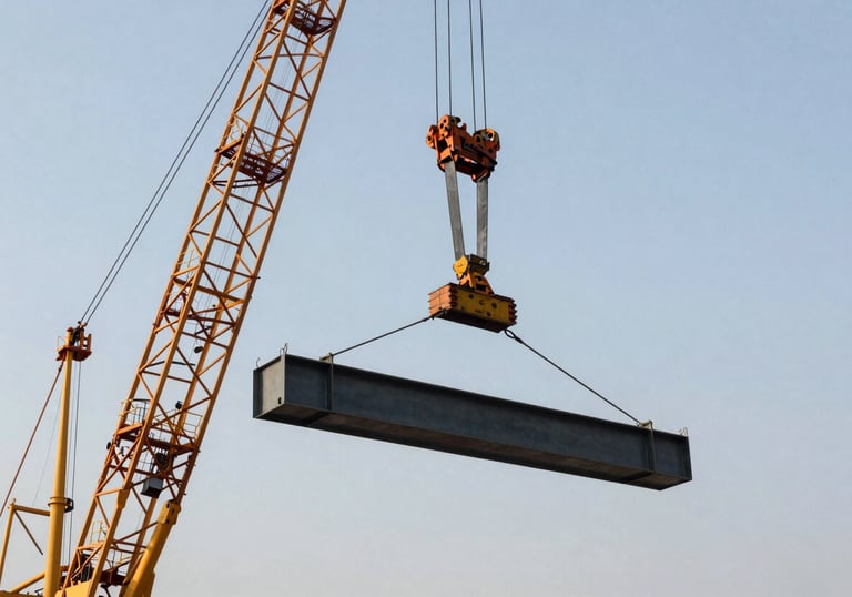 A powerful image of industrial equipment erection at an Indian site, featuring a heavy-duty crane lifting a steel beam against a clear sky.