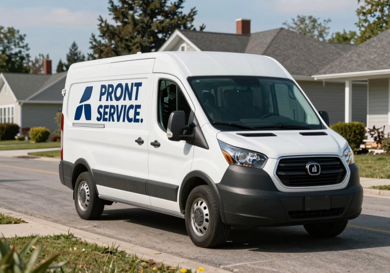 A professional mobile auto glass service van driving through a quiet North American neighborhood on a clear day, symbolizing prompt service.
