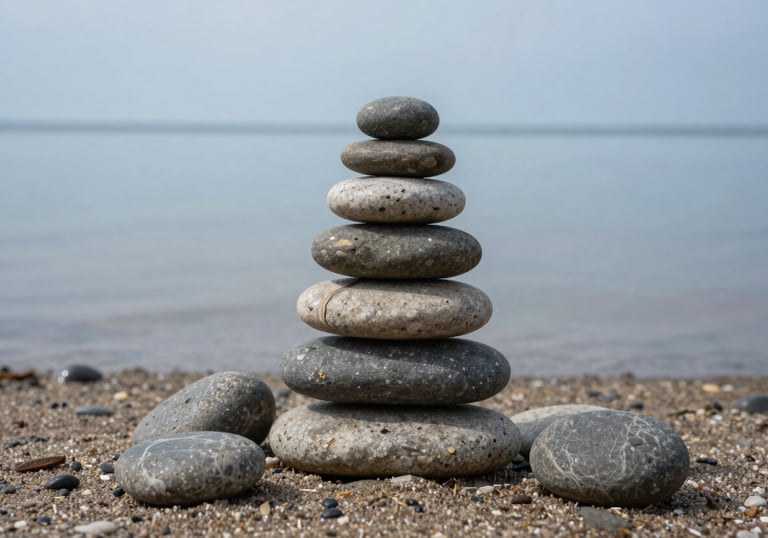 A macro photograph of smooth, rounded river stones stacked in a small cairn on a sandy North American shore. The water is calm and reflecting a light blue-grey sky, conveying balance and serenity.