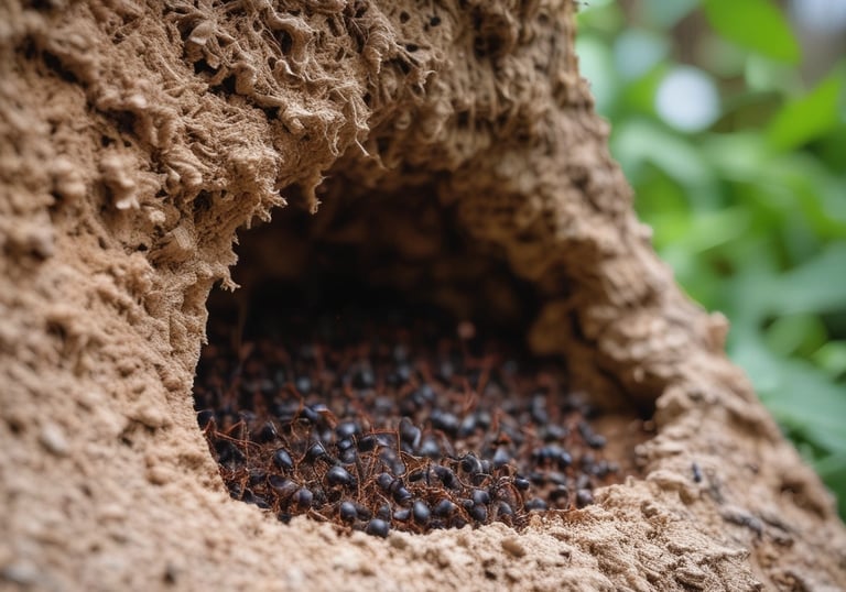 Close-up photo of an ant trail near a green plant indoors.