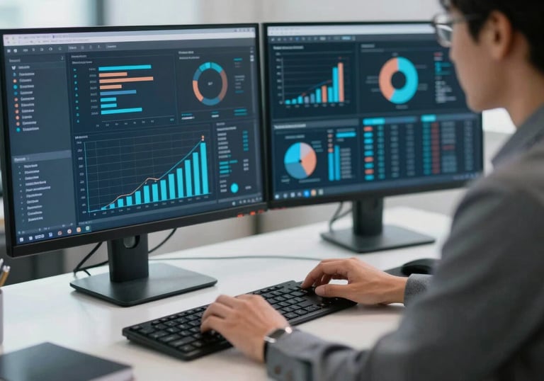 A professional desk setting showing a focused individual in North American / International Professional attire working with complex data visualizations on a monitor. The lighting is crisp and cool, highlighting muted blue and gray tones.