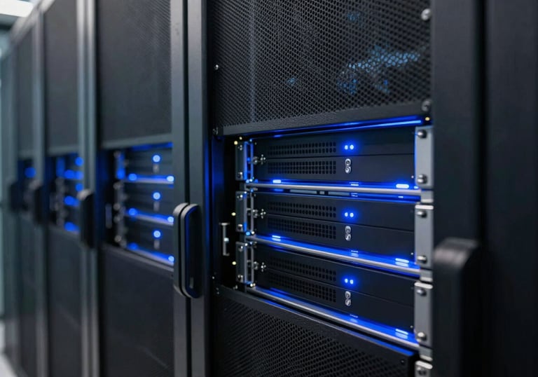 A professional photography shot of a sleek server room with blue LEDs reflecting on polished surfaces. Represents secure, high-tech infrastructure in a North American / International Professional setting.