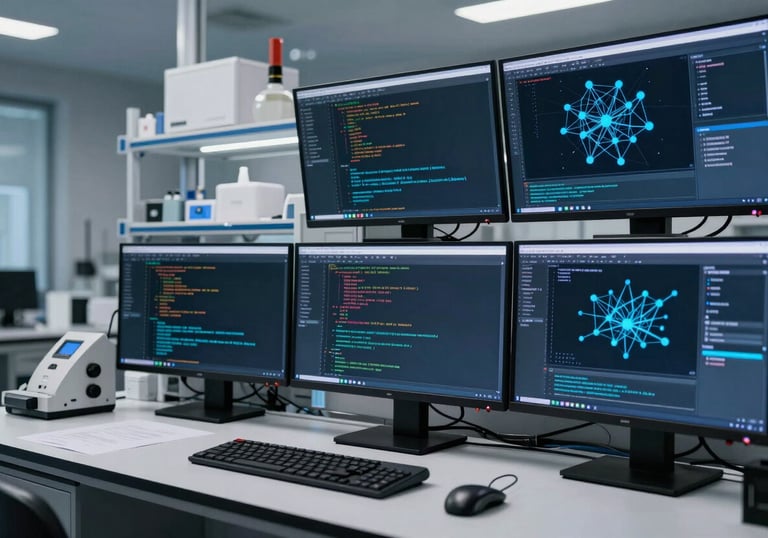 A sharp, clear photograph of an innovative North American / International Professional laboratory workspace with multiple high-definition screens displaying code and neural network diagrams. Subtle blue accent lighting.