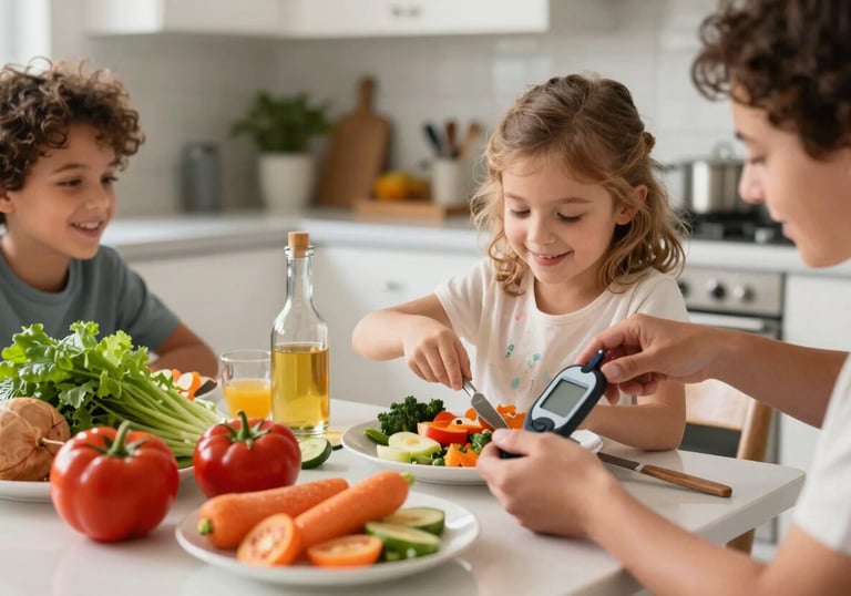 A North American / US family kitchen scene where a healthy meal is being prepared, with a focus on fresh vegetables. The composition is bright and vibrant, reflecting a positive lifestyle approach to diabetes. Professional lifestyle photography.